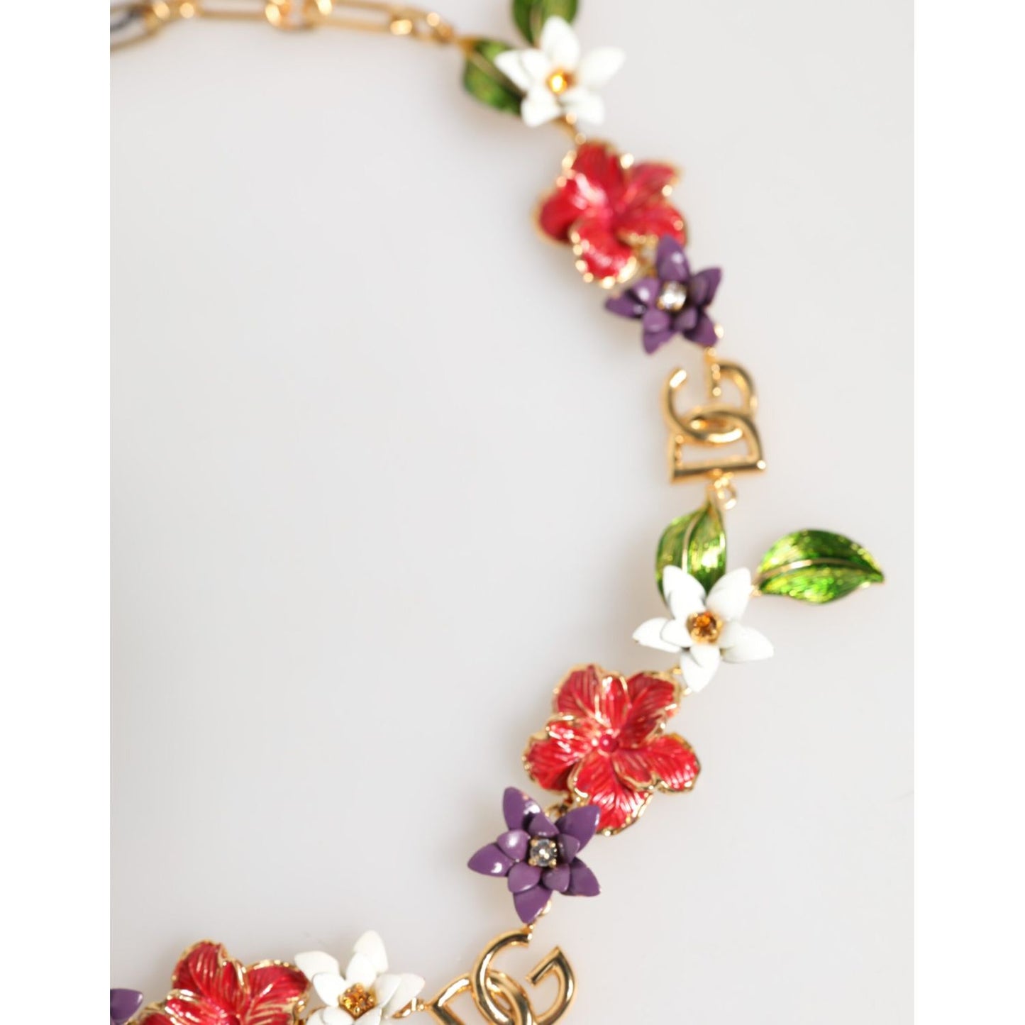 Dolce & Gabbana Gold Brass Logo Detail Floral Fashion Jewelry Necklace with multicolor flowers and DG logos.