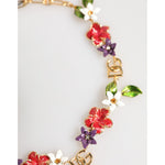 Dolce & Gabbana Gold Brass Logo Detail Floral Fashion Jewelry Necklace with multicolor flowers and DG logos.