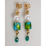 Dolce & Gabbana Gold Brass Multicolour Pearl Green Blue Drop Logo DG Earrings with pearls and Murano-style glass.