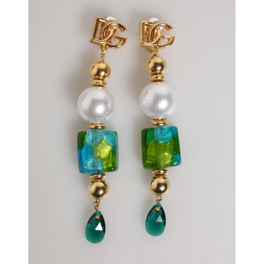 Dolce & Gabbana Gold Brass Multicolour Pearl Green Blue Drop Logo DG Earrings