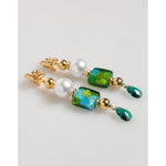 Dolce & Gabbana Gold Brass Multicolour Pearl Green Blue Drop Logo DG Earrings with pearls and Murano-style glass.