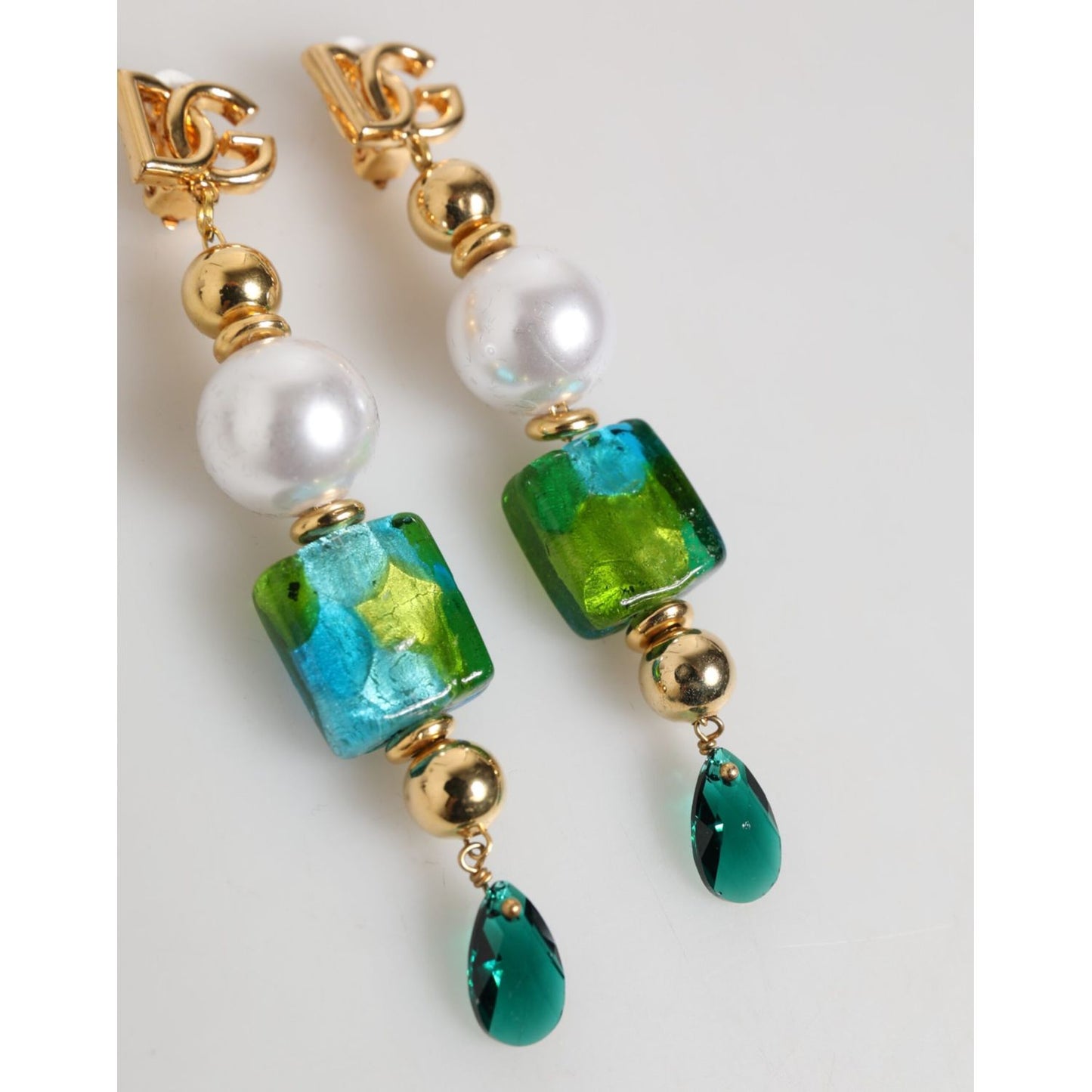 Dolce & Gabbana Gold Brass Multicolour Pearl Green Blue Drop Logo DG Earrings with Murano-style glass and teardrop crystals.