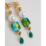 Dolce & Gabbana Gold Brass Multicolour Pearl Green Blue Drop Logo DG Earrings with Murano-style glass and teardrop crystals.