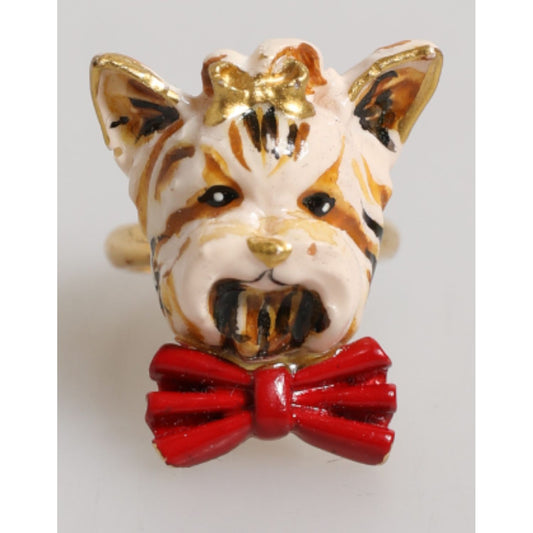 Dolce & Gabbana Gold Brass Resin Beige Dog Pet Accessory Ring featuring a red bow, women’s canine theme jewelry made in Italy.