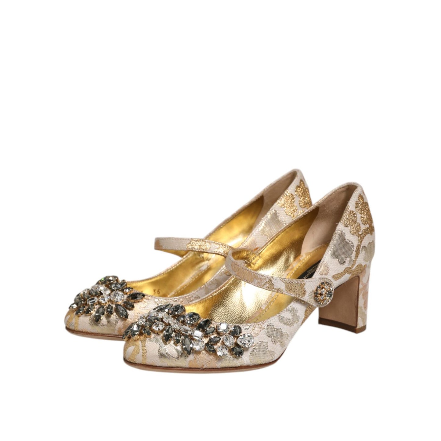 Dolce & Gabbana Gold Jacquard Crystal Mary Janes Pumps Shoes with luxurious design and elegant crystal embellishments, side view.