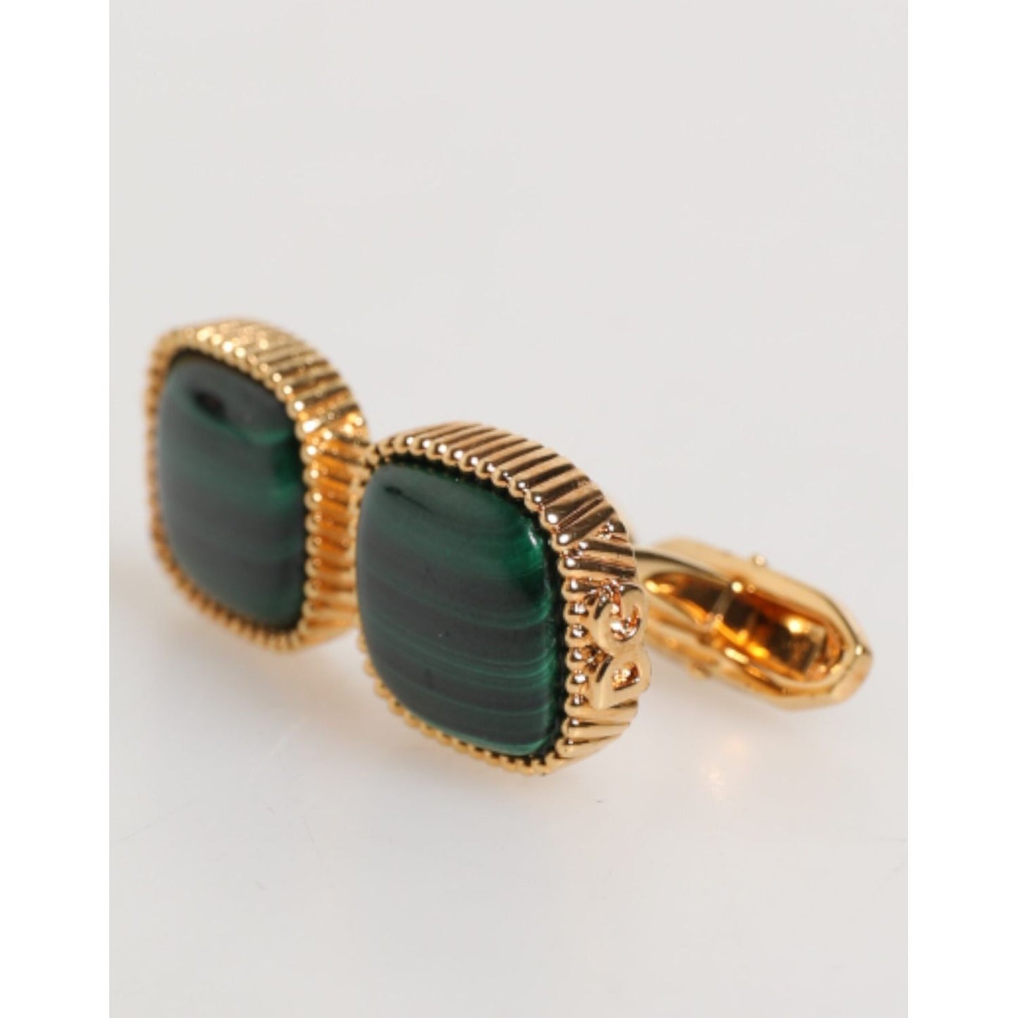 Dolce & Gabbana Gold Malachite Green Stone Square Men's Accessory Cufflink with beaded border and ribbed accents.