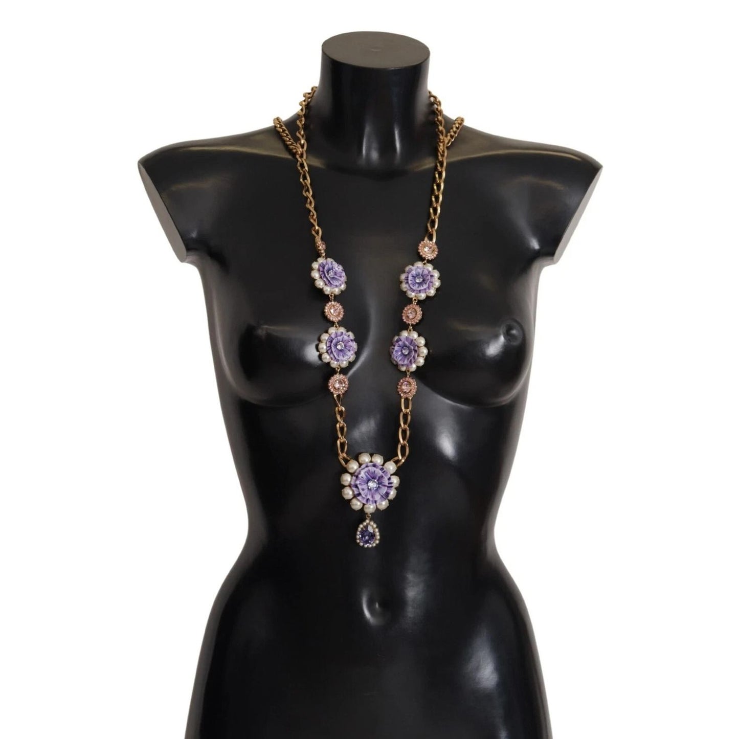Dolce & Gabbana Gold Tone Floral Crystals Purple Embellished necklace on display mannequin, gold chain, purple floral charms, lobster clasp closure