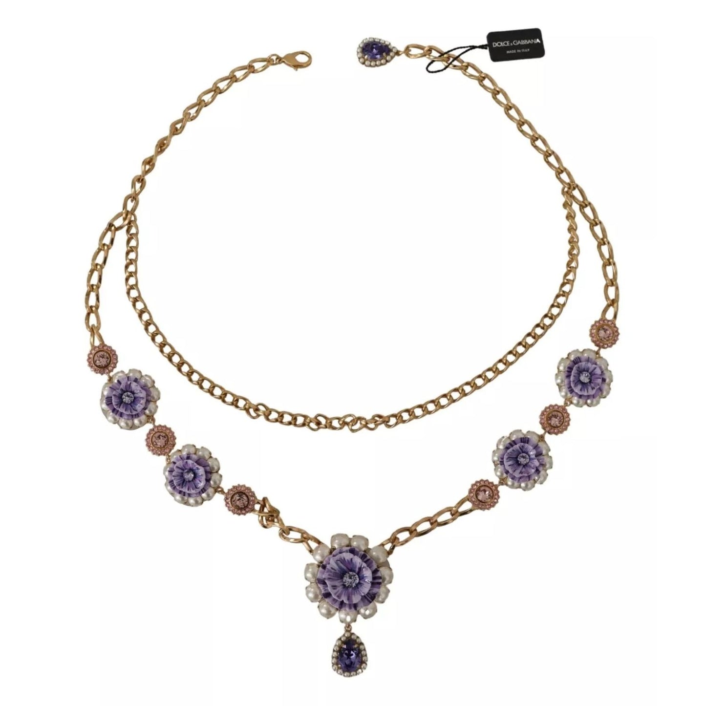 Dolce & Gabbana Gold Tone Floral Crystals Purple Embellished necklace with colorful floral charms and purple accents.