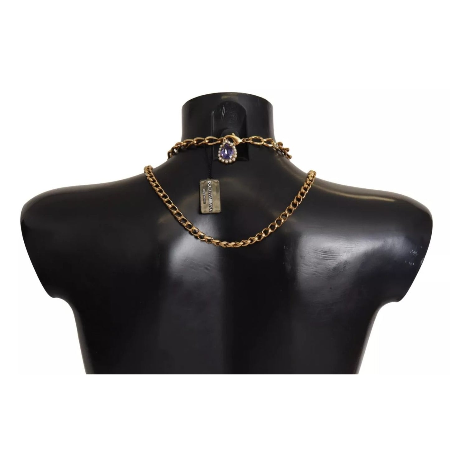 Dolce & Gabbana Gold Tone Floral Crystals Purple Embellished necklace on mannequin.