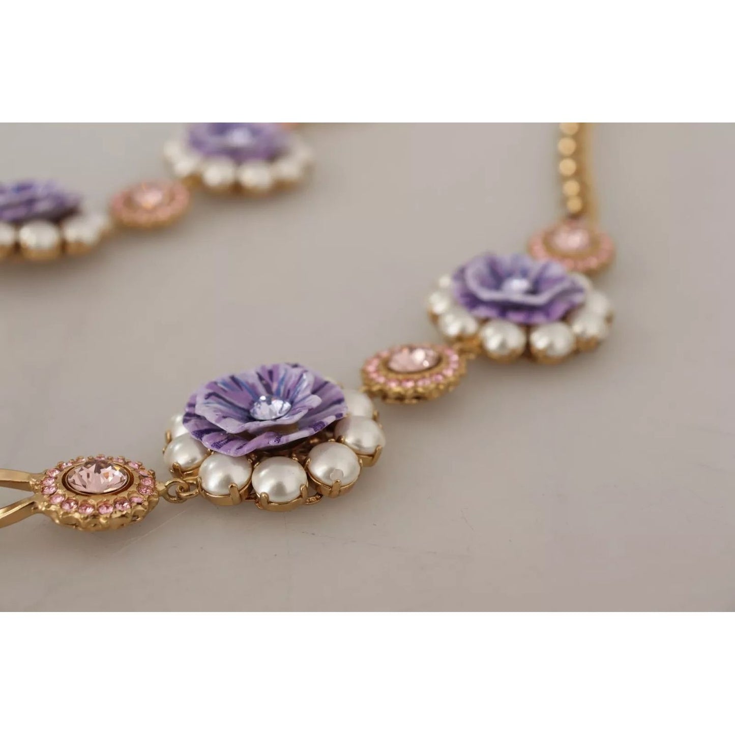 Dolce & Gabbana Gold Tone Floral Crystals Purple Embellished necklace with colorful charms and purple accents