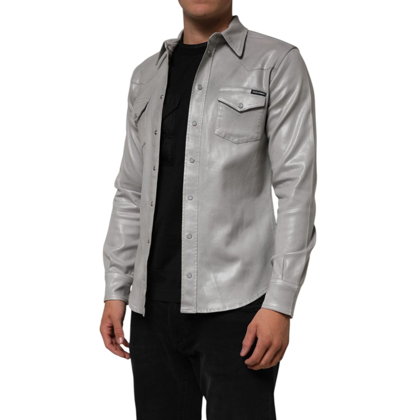 Dolce & Gabbana Gray Coated Cotton Snap Button Logo Men Shirt with metallic finish, front flap pockets, and logo detail