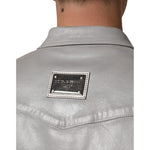 Dolce & Gabbana Gray Coated Cotton Snap Button Logo Men Shirt with metallic finish and logo detail on back view.
