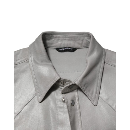 Dolce & Gabbana Gray Coated Cotton Snap Button Logo Men Shirt