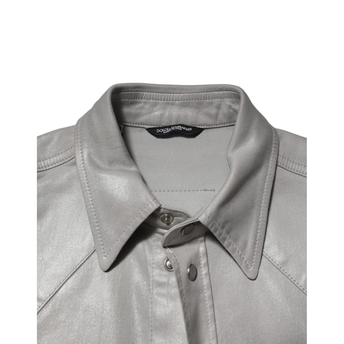 Dolce & Gabbana Gray Coated Cotton Snap Button Logo Men Shirt with metallic finish and snap button closure, close-up view.