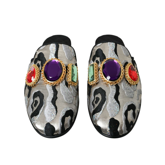 Dolce & Gabbana Gray Jacquard Crystal Mule Flat Sandals Shoes with colorful gem embellishments and leather sole.