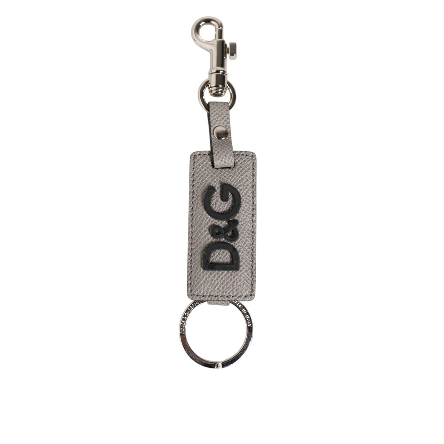 Dolce & Gabbana Gray Leather Logo Metal Ring Keychain Holder Keyring with embossed logo and silver detailing, luxury accessory