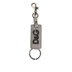 Dolce & Gabbana Gray Leather Logo Metal Ring Keychain Holder Keyring with embossed logo and silver detailing, luxury accessory