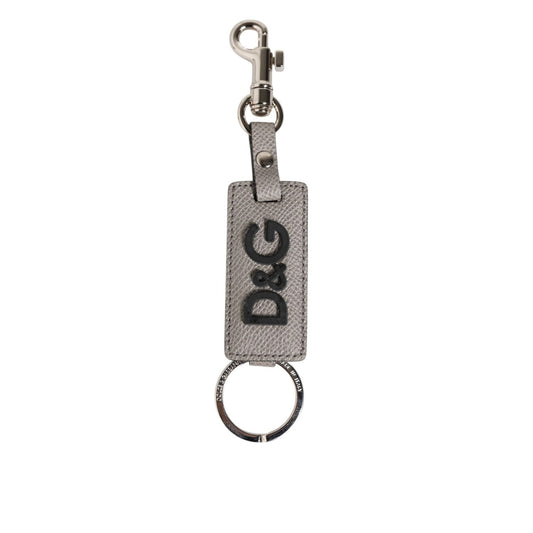 Dolce & Gabbana Gray Leather Logo Metal Ring Keychain Holder Keyring with embossed logo and silver detailing, luxury accessory