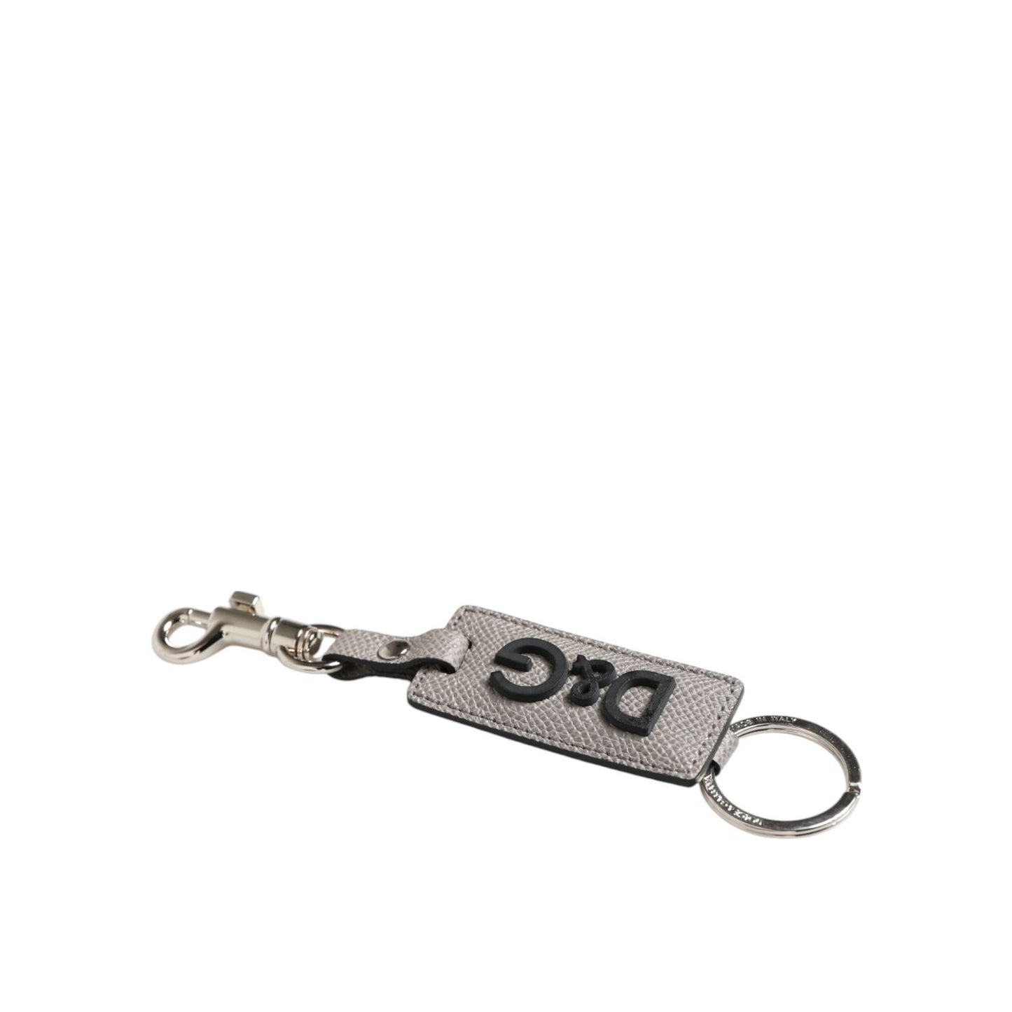 Dolce & Gabbana Gray Leather Logo Metal Ring Keychain Holder Keyring with silver details, 100% calf leather, and embossed logo.