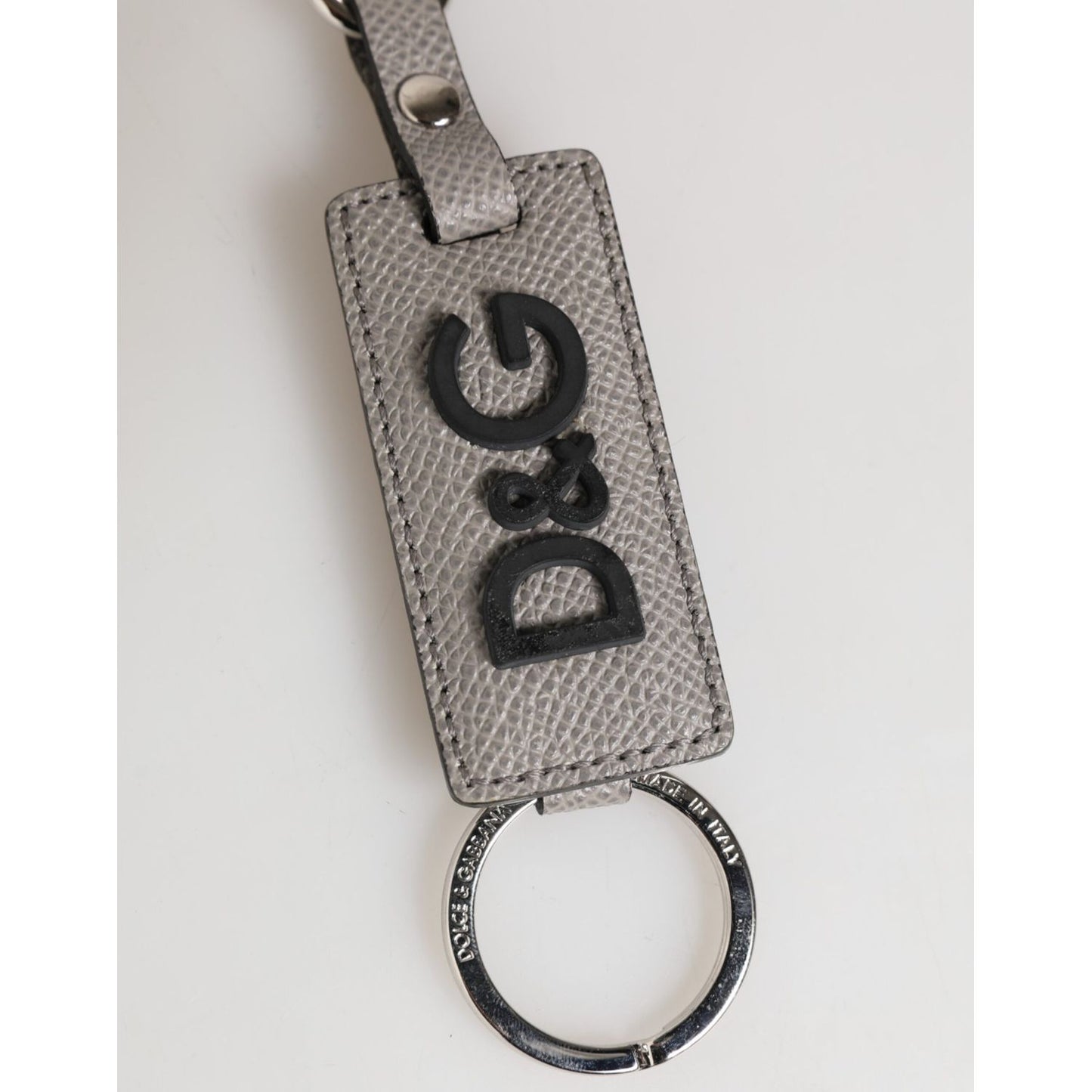 Dolce & Gabbana Gray Leather Logo Metal Ring Keychain Holder Keyring with silver detailing, luxury accessory made in Italy.