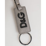 Dolce & Gabbana Gray Leather Logo Metal Ring Keychain Holder Keyring with silver detailing, luxury accessory made in Italy.