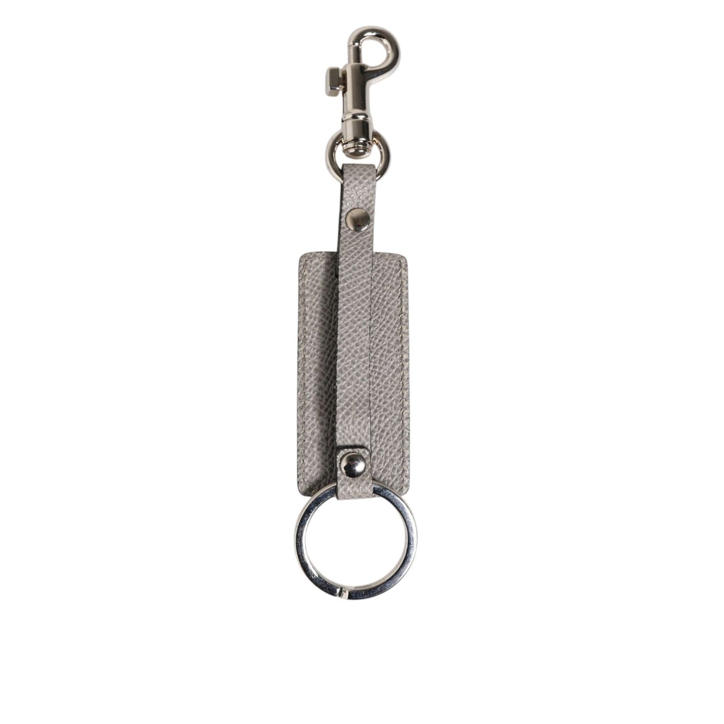 Dolce & Gabbana Gray Leather Logo Metal Ring Keychain Holder Keyring with silver detailing and embossed logo on gray calf leather.