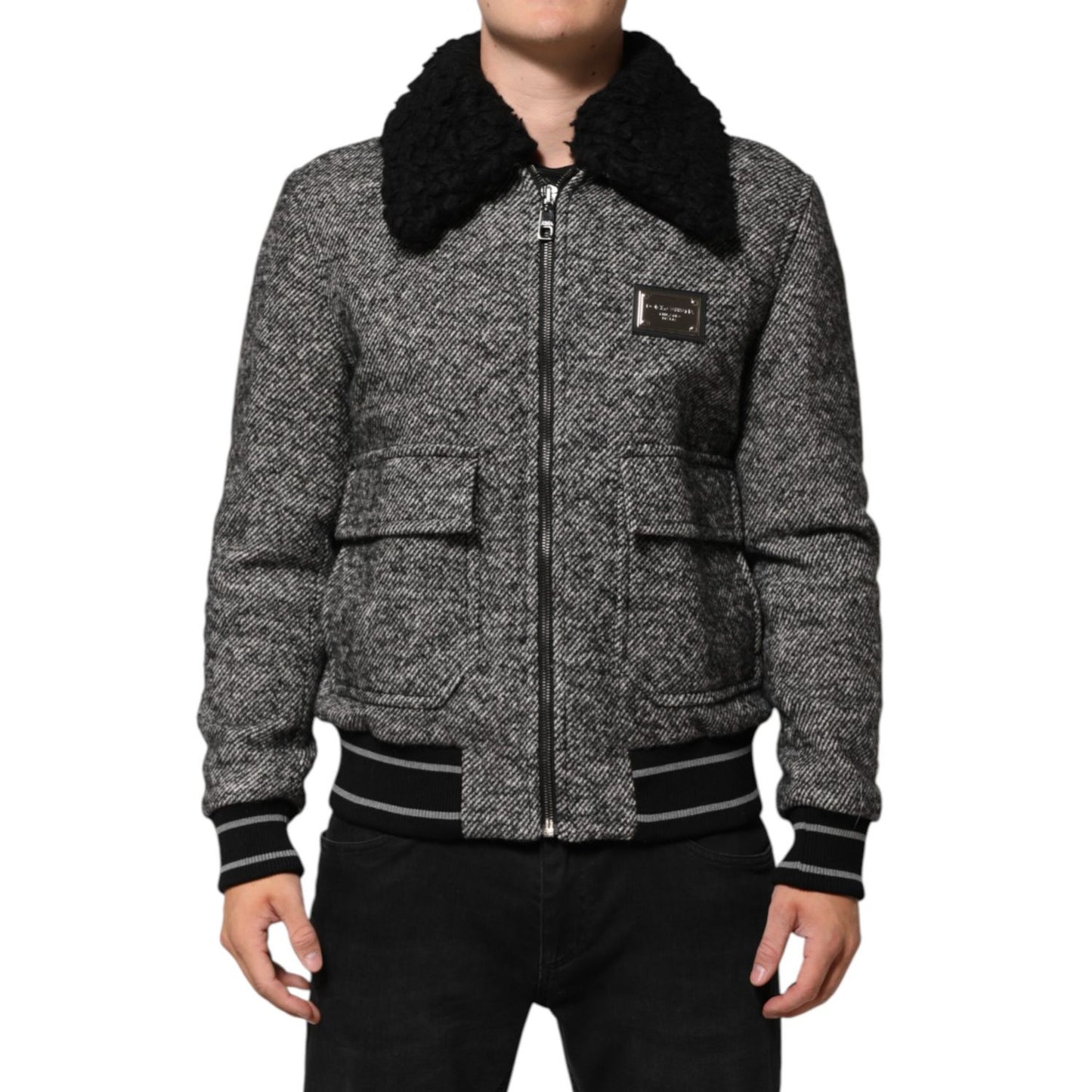 Dolce & Gabbana Gray Wool Herringbone Shearling Collar Bomber Jacket with zip closure and flap pockets, front view