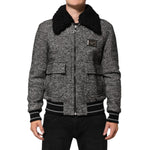 Dolce & Gabbana Gray Wool Herringbone Shearling Collar Bomber Jacket with zip closure and flap pockets, front view