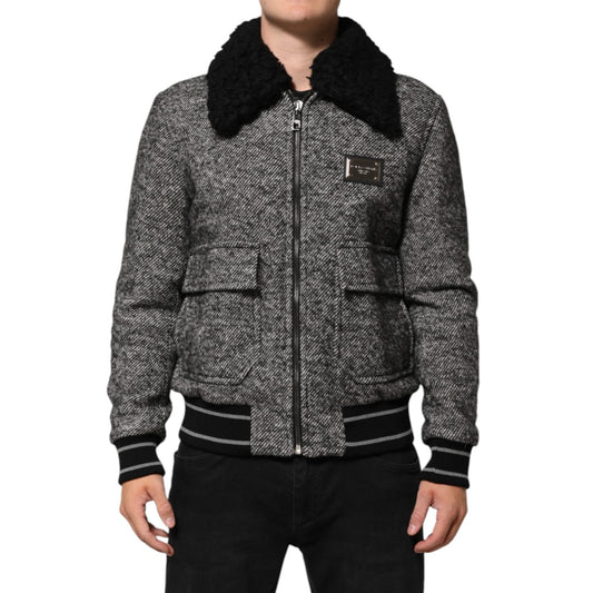 Dolce & Gabbana Gray Wool Herringbone Shearling Collar Bomber Jacket displayed on model front view.