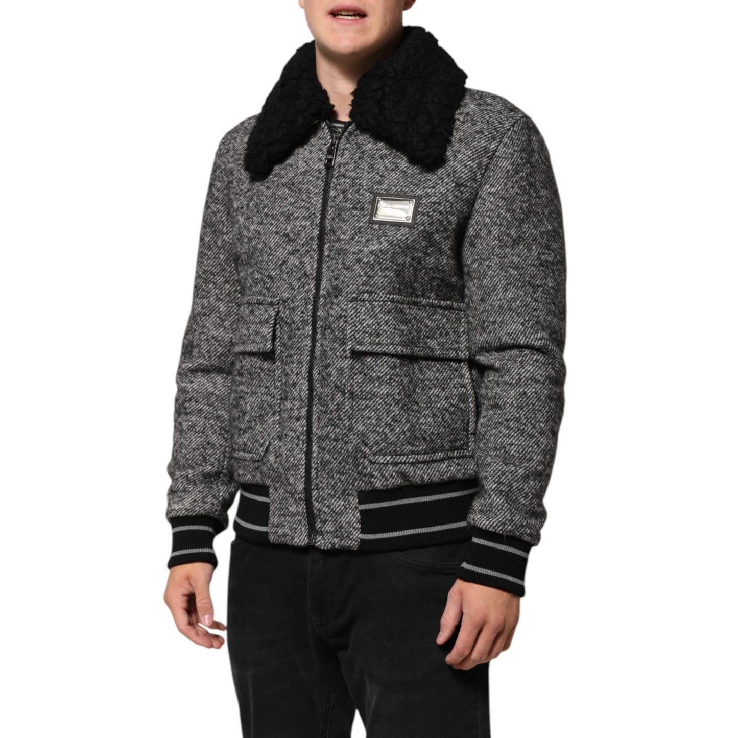 Luxury Dolce & Gabbana Gray Wool Herringbone Shearling Collar Bomber Jacket with zip closure and flap pockets, styled on a model.