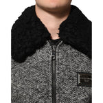 Dolce & Gabbana Gray Wool Herringbone Shearling Collar Bomber Jacket close-up with black shearling collar detail.
