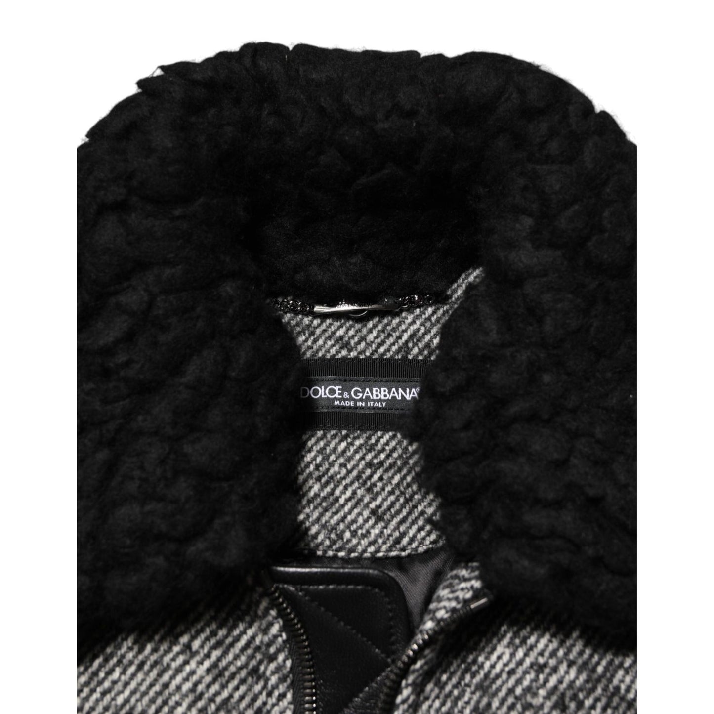 Dolce & Gabbana Gray Wool Herringbone Shearling Collar Bomber Jacket close-up view