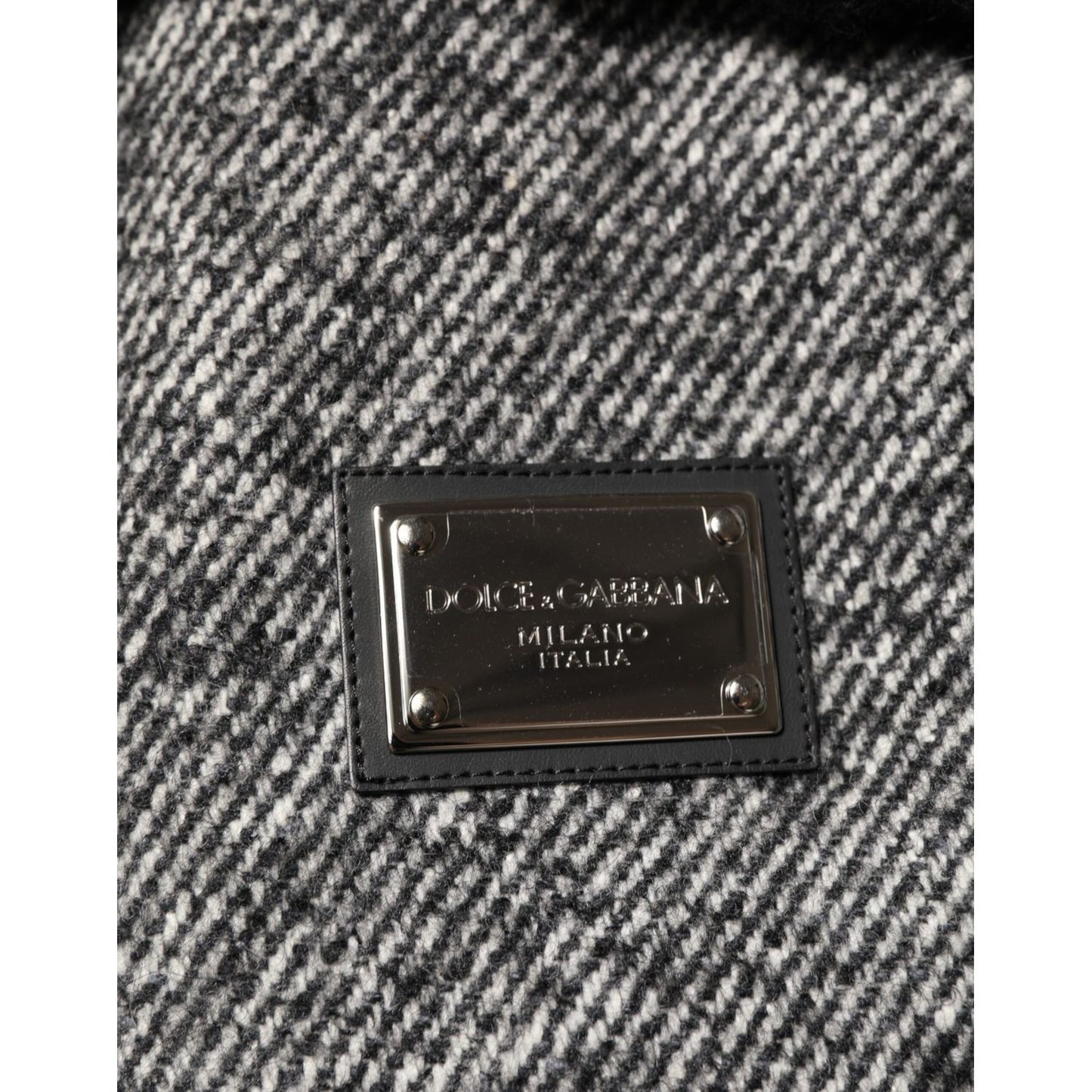 Dolce & Gabbana Gray Wool Herringbone Shearling Collar Bomber Jacket fabric detail with metallic logo patch