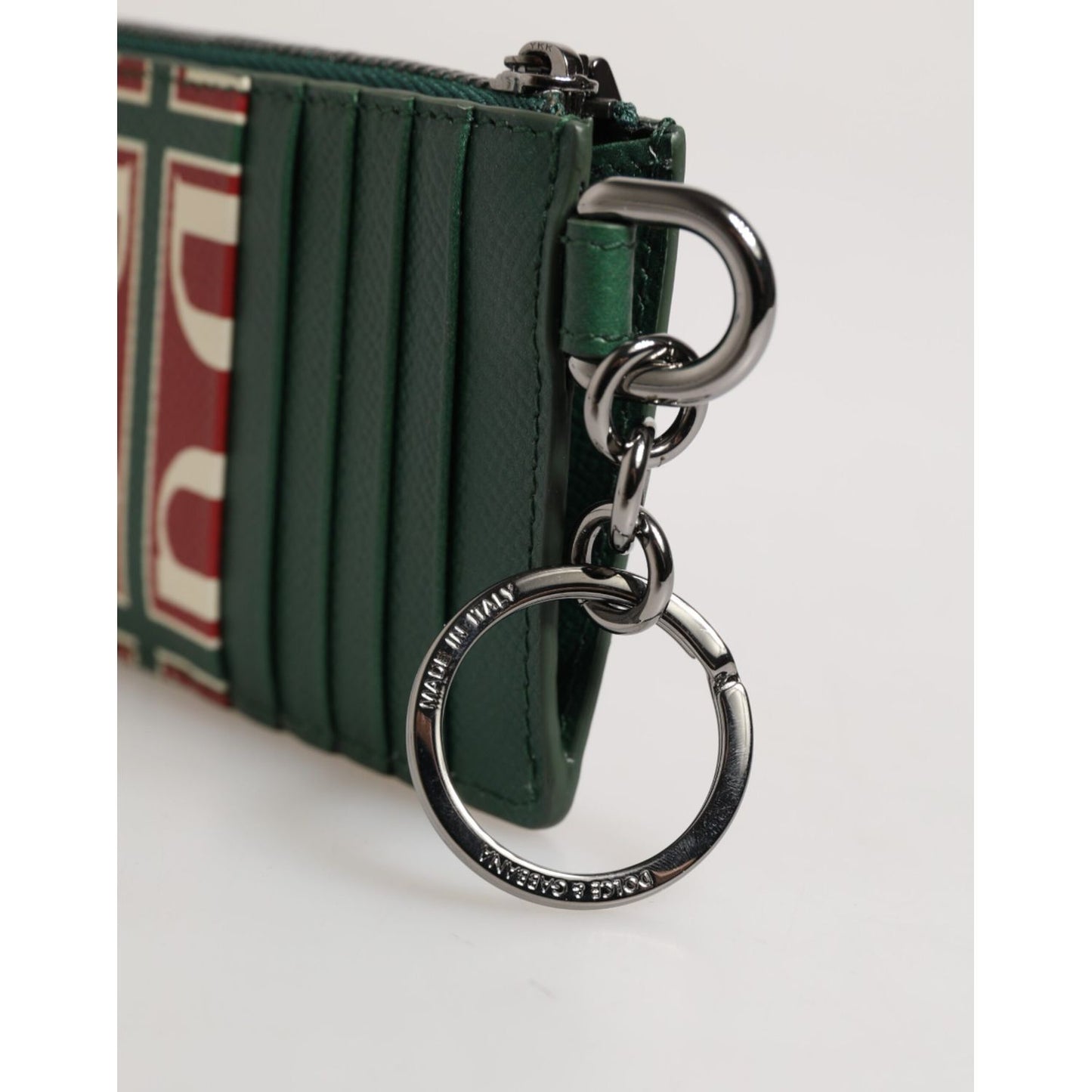 Dolce & Gabbana Green Calf Leather Logo Print Monogram Card Holder Wallet with ring fastening and zipper