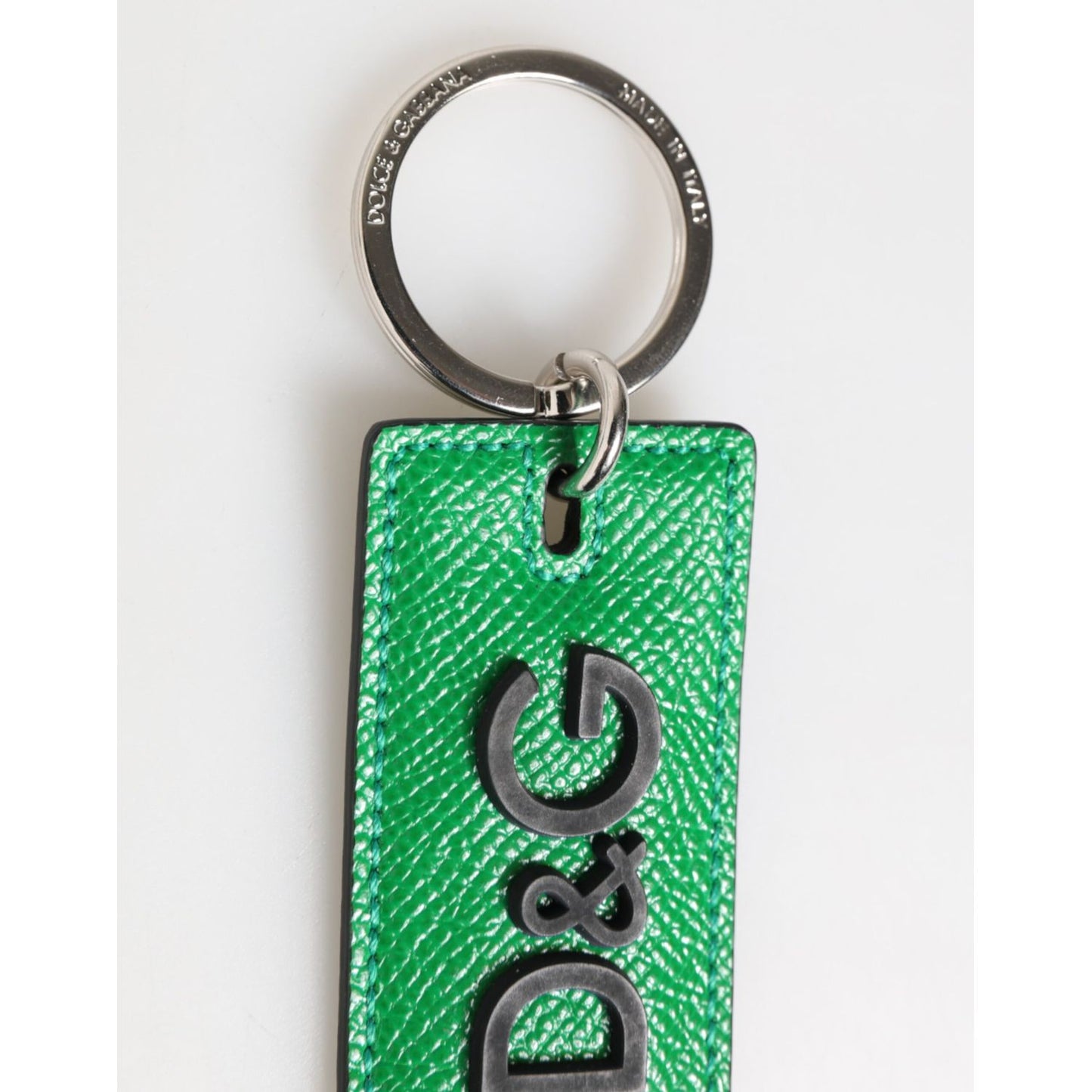 Dolce & Gabbana Green Leather Logo Metal Ring Keychain Holder Men Keyring with silver metal detailing.