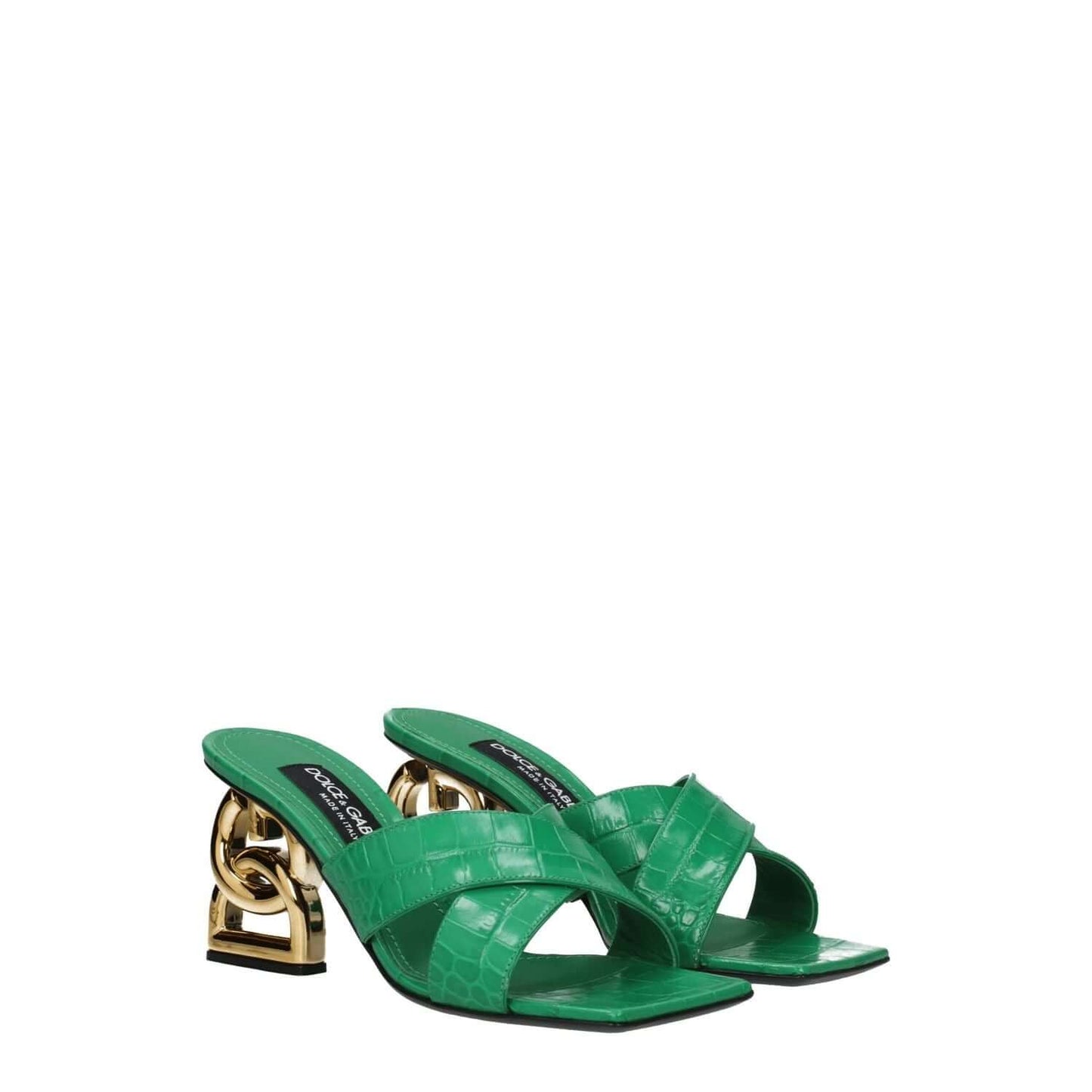 Dolce & Gabbana Green Leather Sandals with gold mid heels and open toe design, featuring leather sole and casual style.