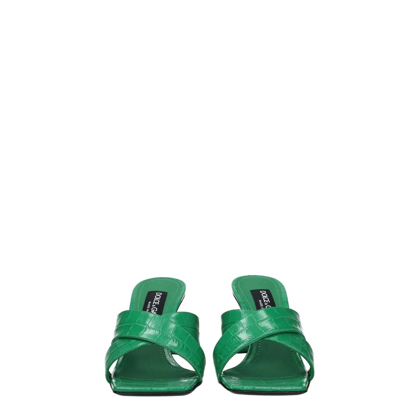 Dolce & Gabbana Green Leather Sandals with open toe and mid heels, featuring side logo and unique print. Casual style with leather sole.