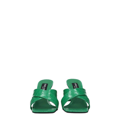 Dolce & Gabbana Green Leather Sandals with open toe and mid heels, featuring side logo and unique print. Casual style with leather sole.