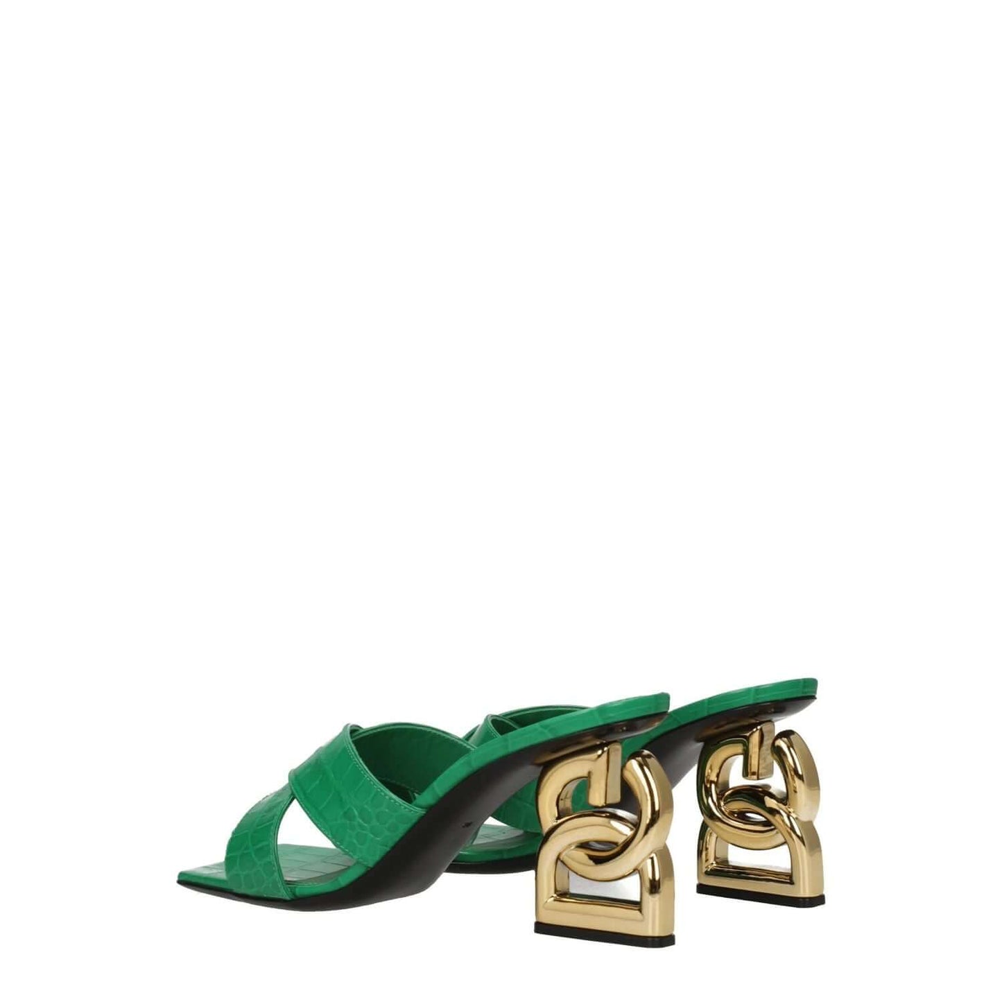 Dolce & Gabbana Green Leather Sandals with gold mid heels, open toe, and printed side logo. MPN CR1377AH4818Z502, casual style footwear.