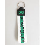 Dolce & Gabbana Green Logo Polyester Silver Brass Holder Keychain Keyring with green strap and silver hardware.