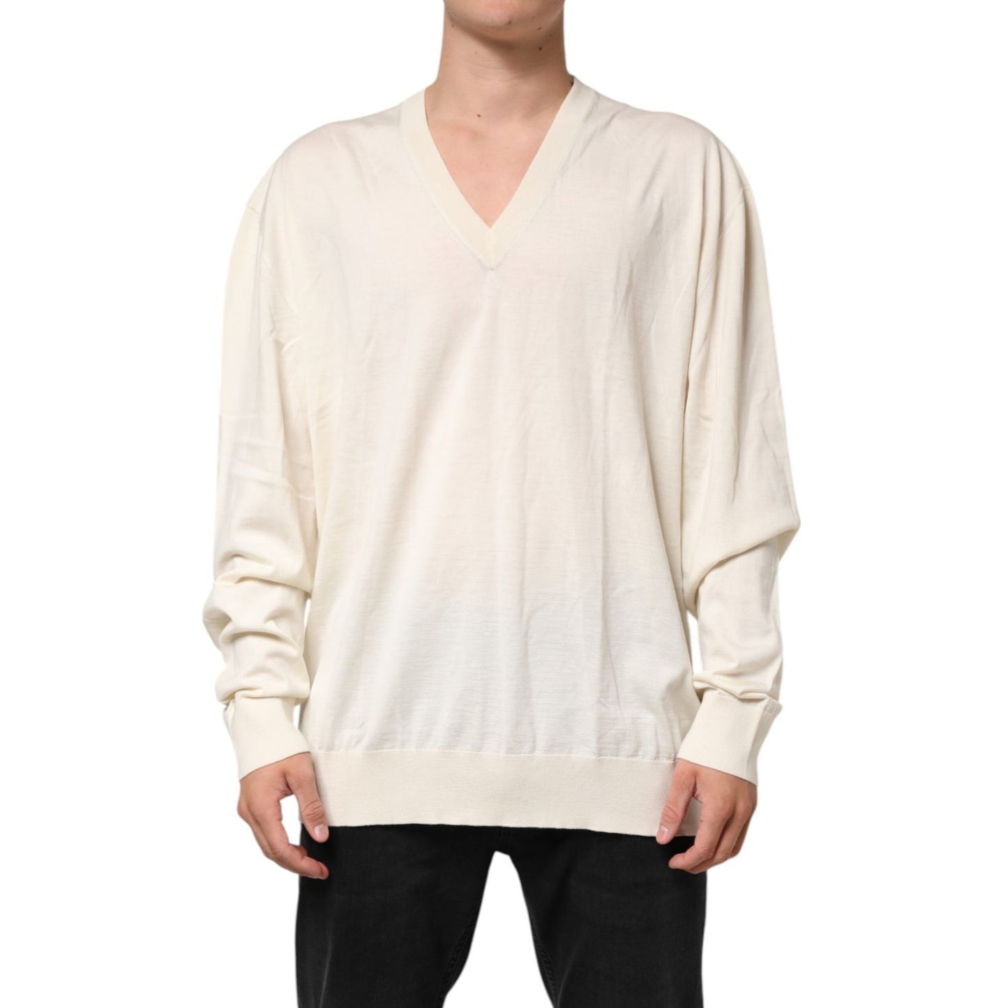 Dolce & Gabbana Ivory Virgin Wool Men V-Neck Knit Sweater front view
