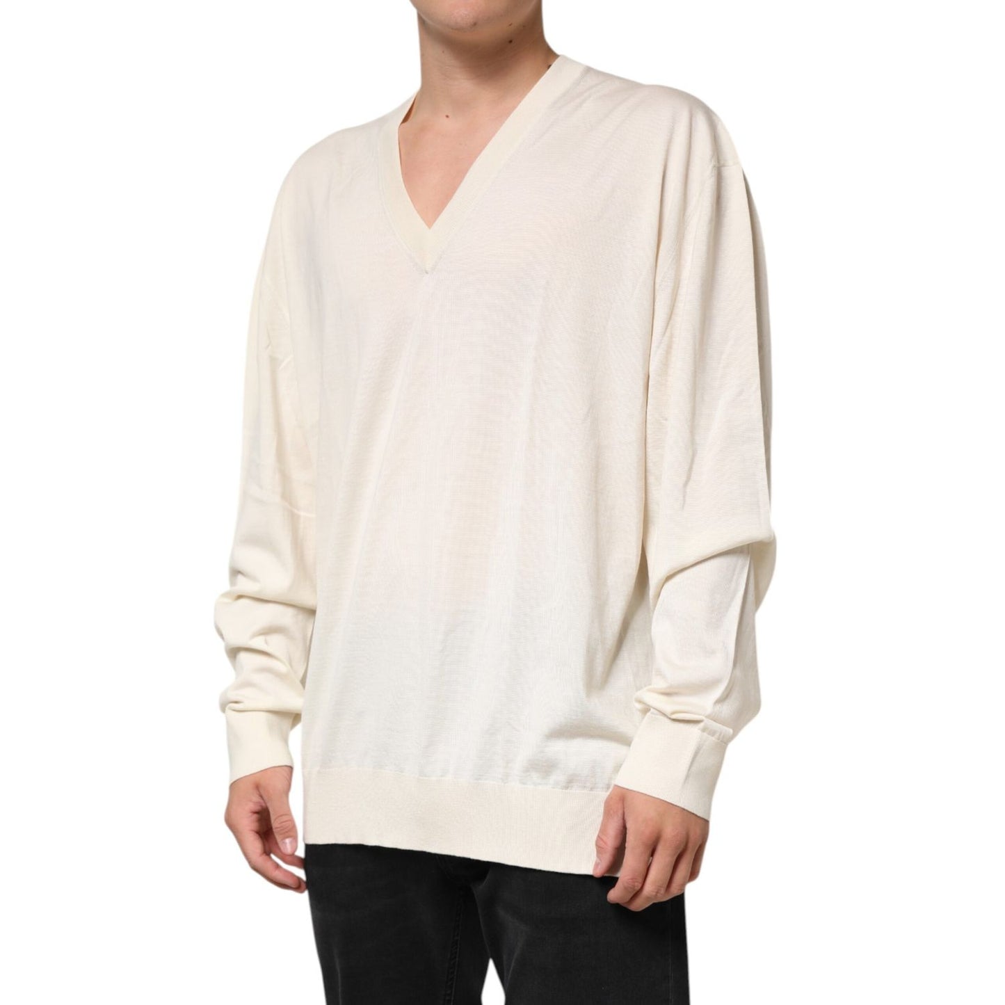 Dolce & Gabbana Ivory Virgin Wool Men V-Neck Knit Sweater display, off-white premium fabric, breathable and lightweight design.