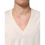 Close-up of Dolce & Gabbana Ivory Virgin Wool Men V-Neck Knit Sweater detailing.