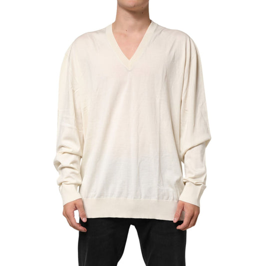 Dolce & Gabbana Ivory Virgin Wool Men V-Neck Knit Sweater, soft and lightweight, ideal for layering, premium Italian craftsmanship.