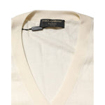 Dolce & Gabbana Ivory Virgin Wool Men V-Neck Knit Sweater with tags, showcasing close-up of fabric and logo tag, made in Italy.