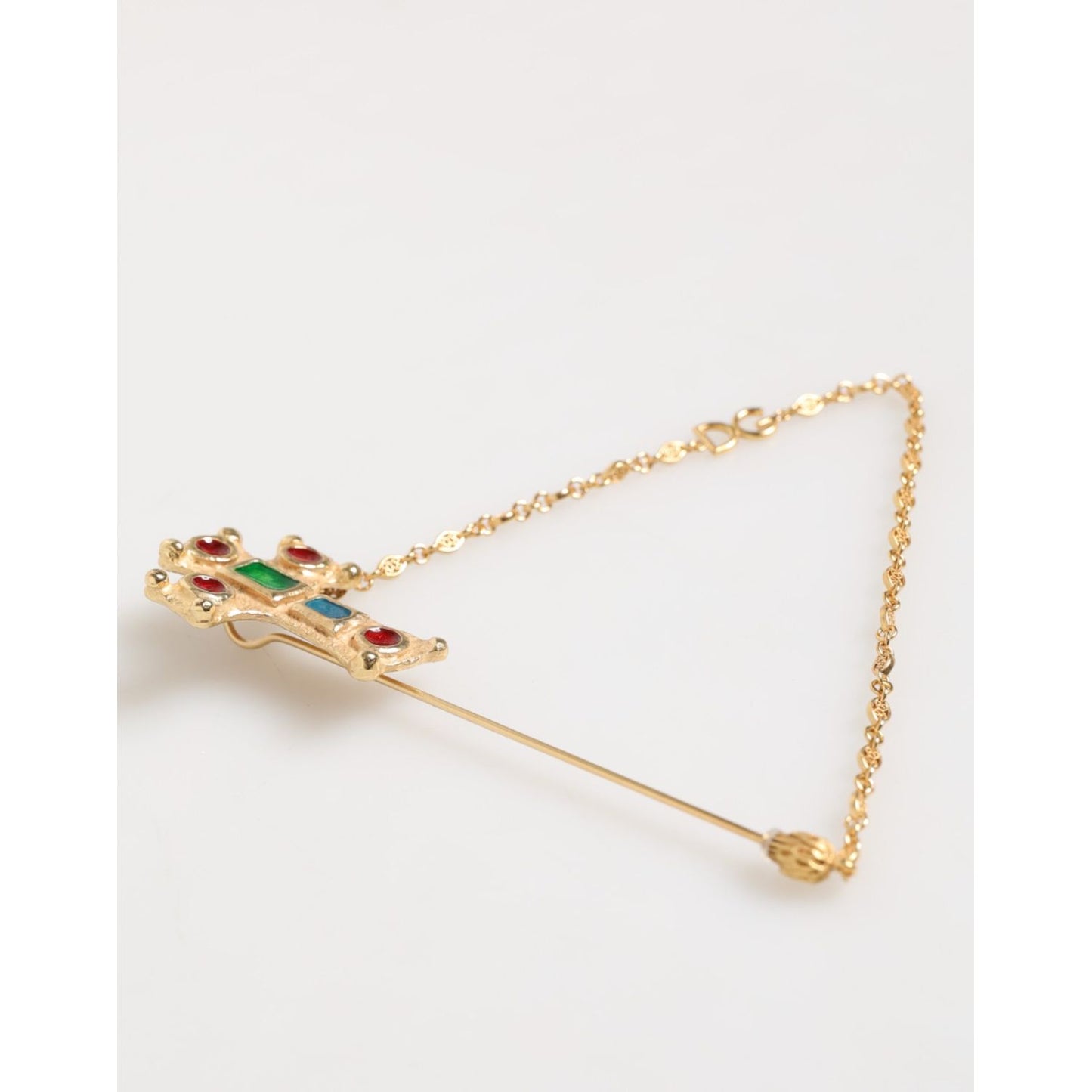 Dolce & Gabbana Lapel Pin Cross Logo Gold Chain Mens Accessories Brooch with polished gold-tone finish and elegant chain design.