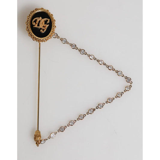 Dolce & Gabbana Lapel Pin DG Logo Gold Chain Mens Accessories Brooch with crystal embellishments, luxury branding on black and gold.