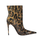 Dolce & Gabbana Leopard Print PVC Pointed Toe Boots Shoes, stylish leopard ankle boots, luxury fashion with stiletto heel.