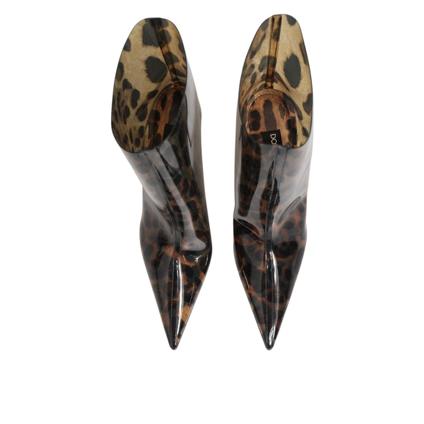 Dolce & Gabbana Leopard Print PVC Pointed Toe Boots Shoes with sleek design and stiletto heel, showcasing DG luxury logo detail.