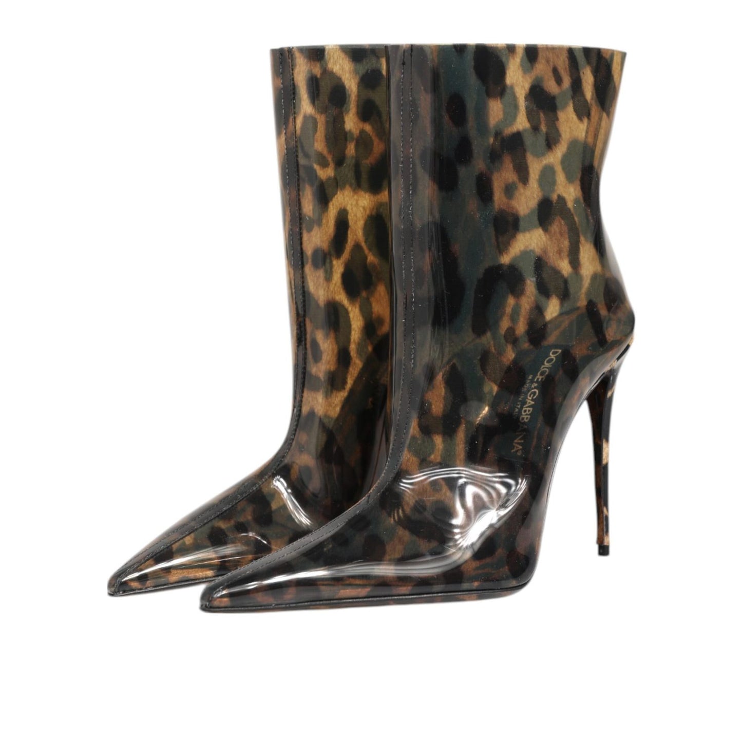 Dolce & Gabbana Leopard Print PVC Pointed Toe Boots Shoes with transparent design and stiletto heel.